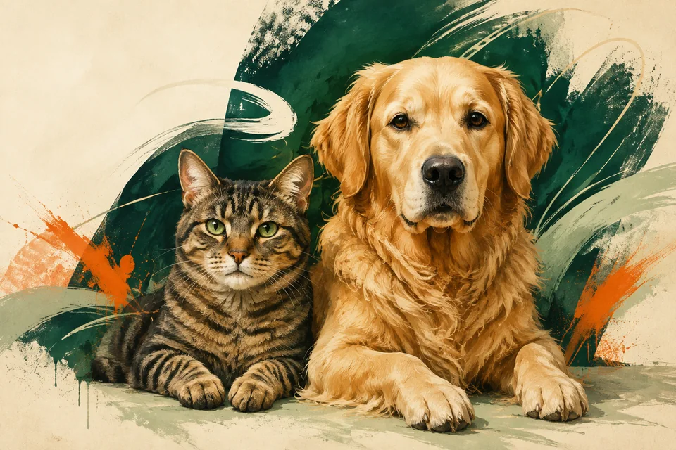Golden retriever i pręgowany kot w ilustracji street art w zieleni, kremie i pomarańczu FoxiWorld