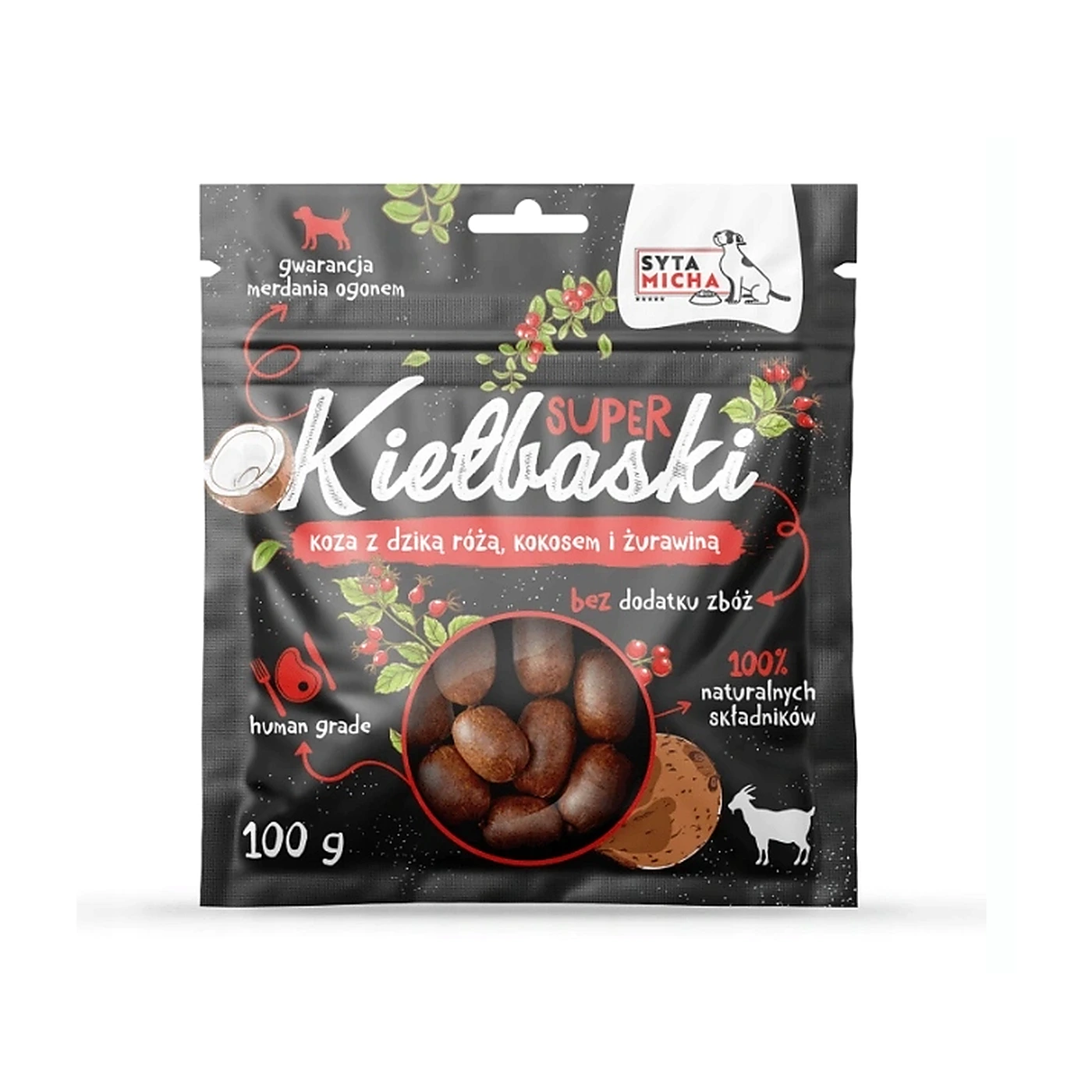 SYTA MICHA Super kiełbaski z kozą dziką różą i kokosem 100g