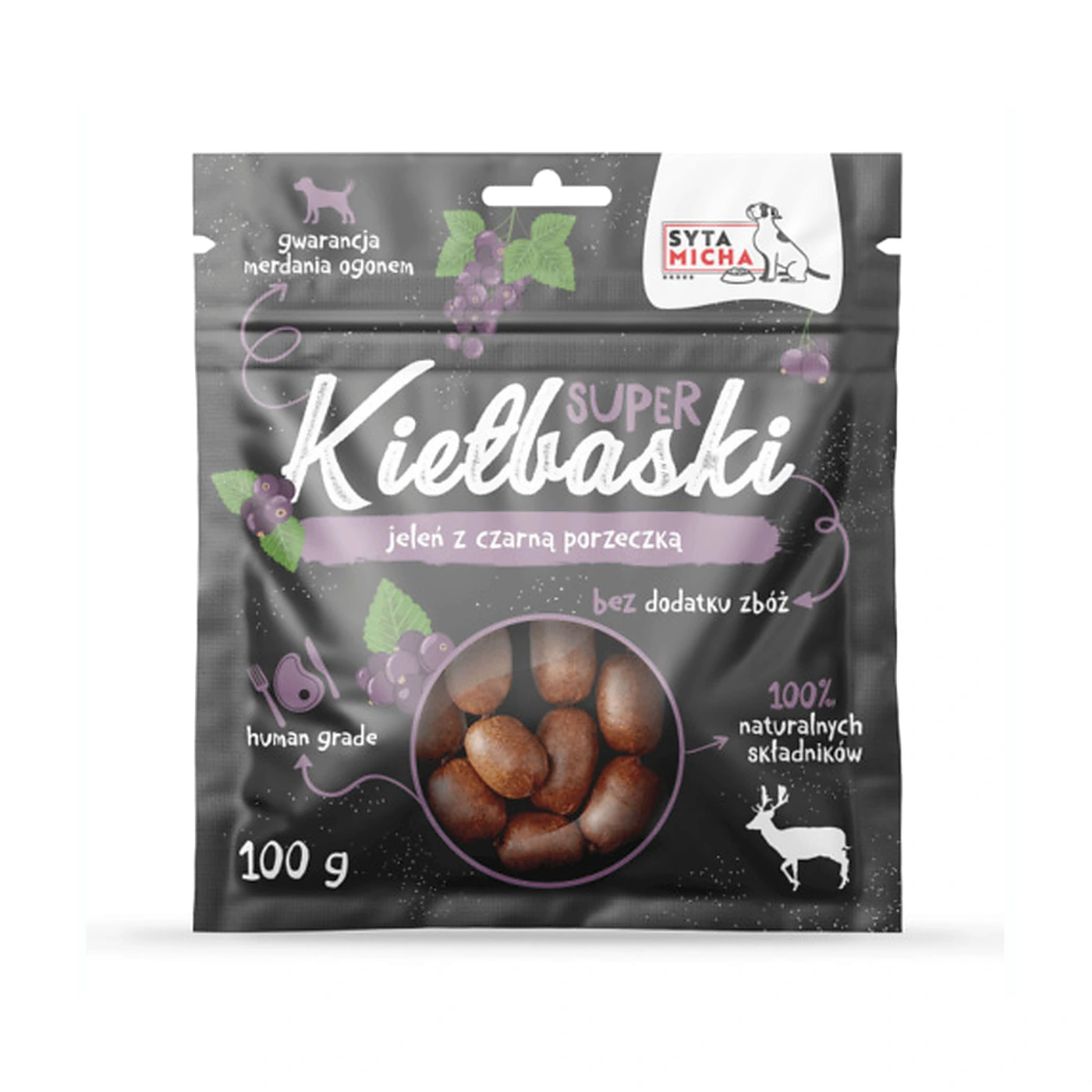 SYTA MICHA Super kiełbaski z jeleniem i czarną porzeczką 100g