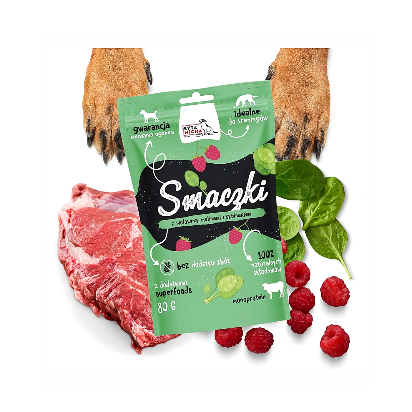SYTA MICHA Smaczki z wołowiną, malinami i szpinakiem 80g