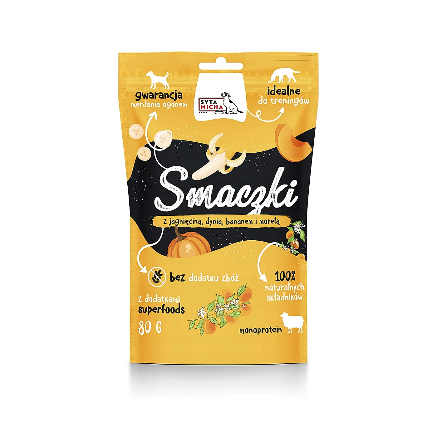 SYTA MICHA Smaczki z jagnięciną, dynią, bananem i morelą 80g