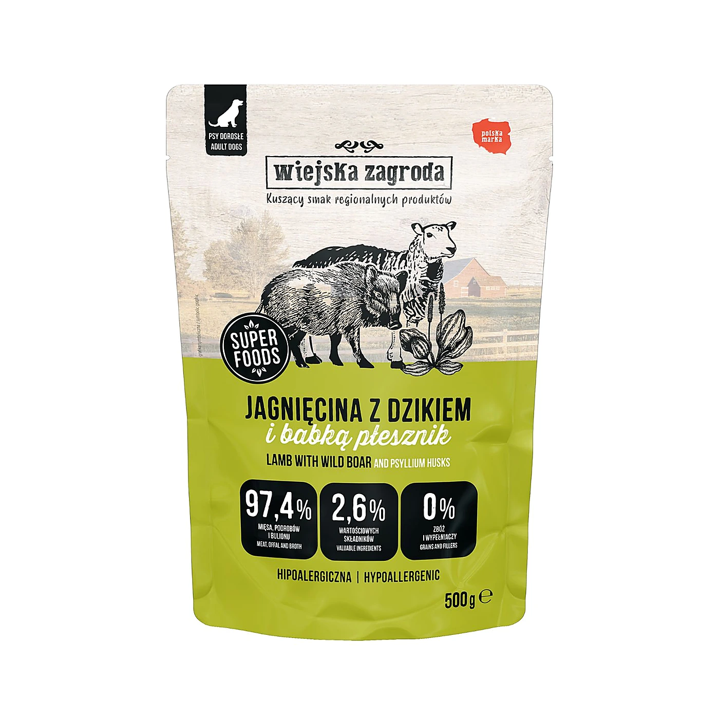 Wiejska Zagroda Karma mokra dla psa Jagnięcina z dzikiem (dorosły) 500g