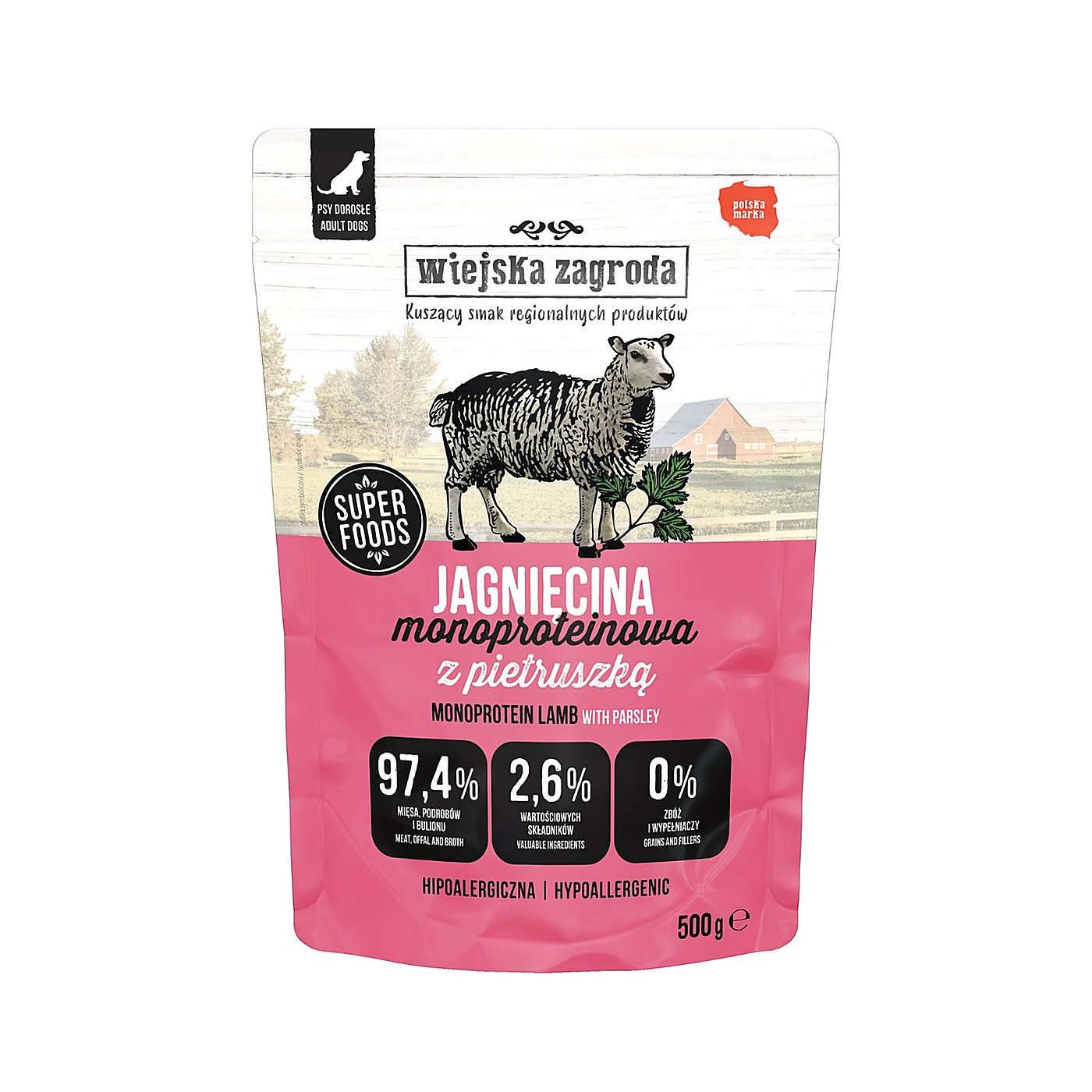 Wiejska Zagroda Karma mokra dla psa Monobiałkowa Jagnięcina (dorosły) 500g