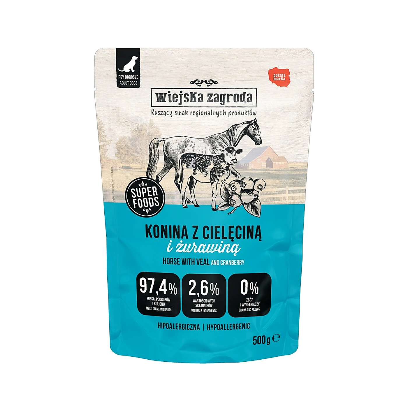 Wiejska Zagroda Karma mokra dla psa Konina z cielęciną (dorosły) 500g