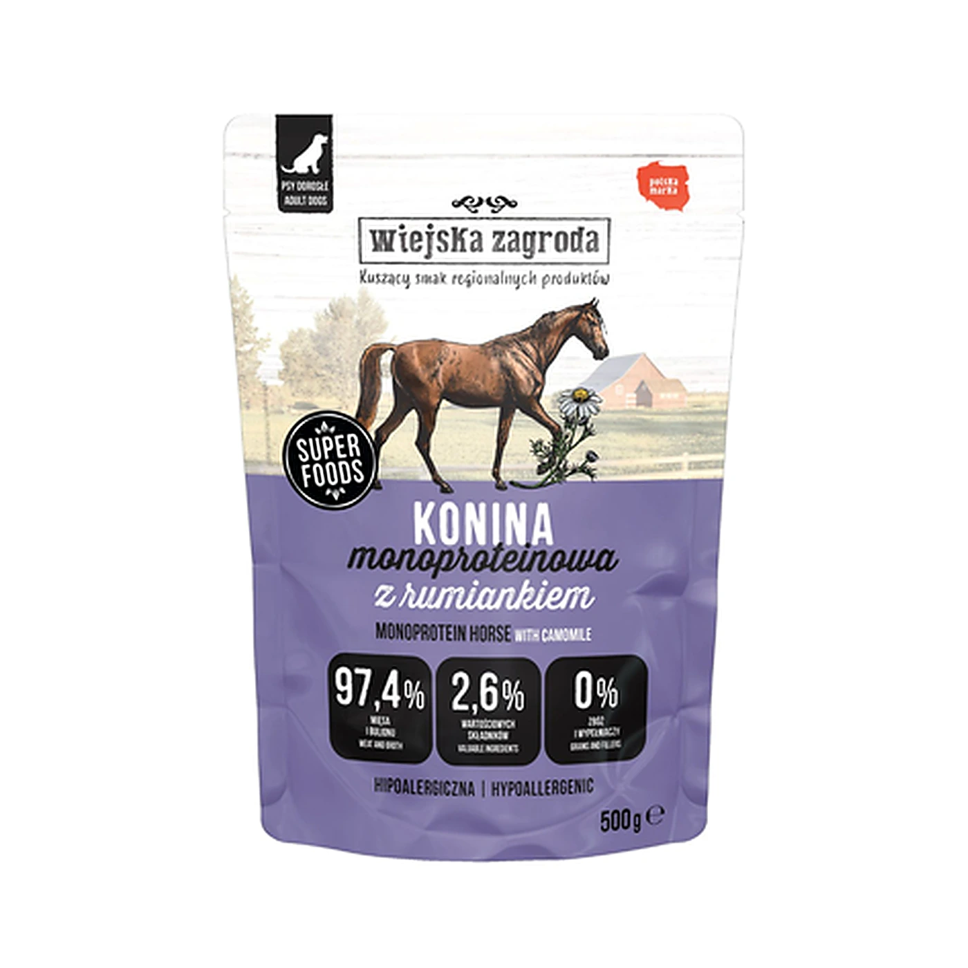 Wiejska Zagroda Karma mokra dla psa Monobiałkowa Konina (dorosły) 500g