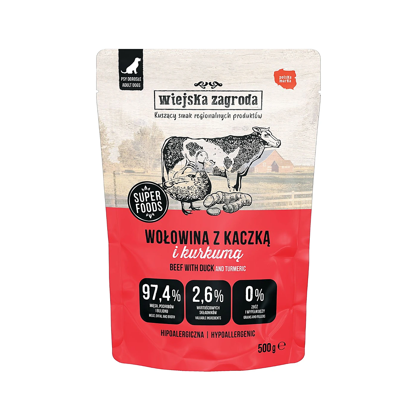 Wiejska Zagroda Karma mokra dla psa Wołowina z kaczką (dorosły) 500g