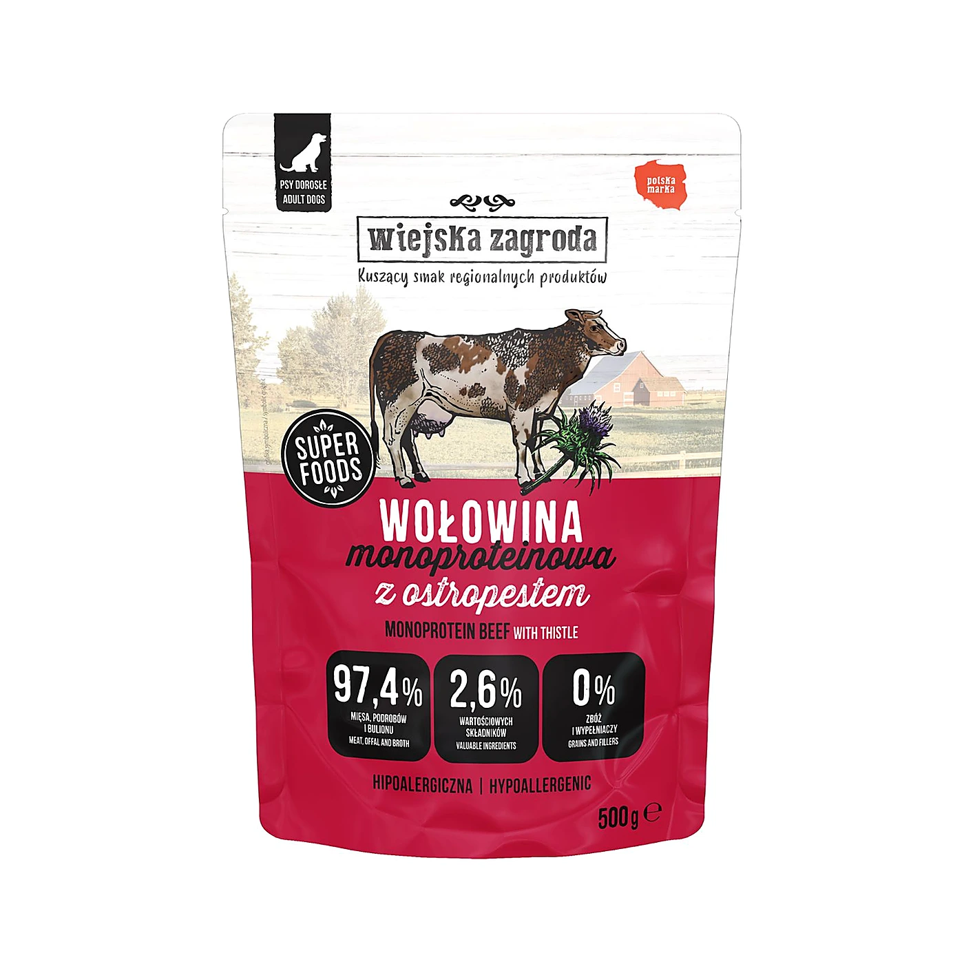 Wiejska Zagroda Karma mokra dla psa Monobiałkowa Wołowina (dorosły) 500g