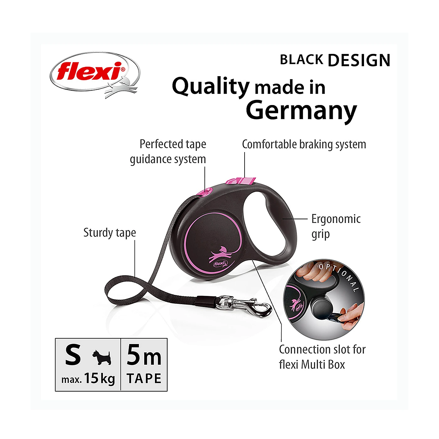 Smycz Flexi Black Design S taśma 5m 15kg różowa