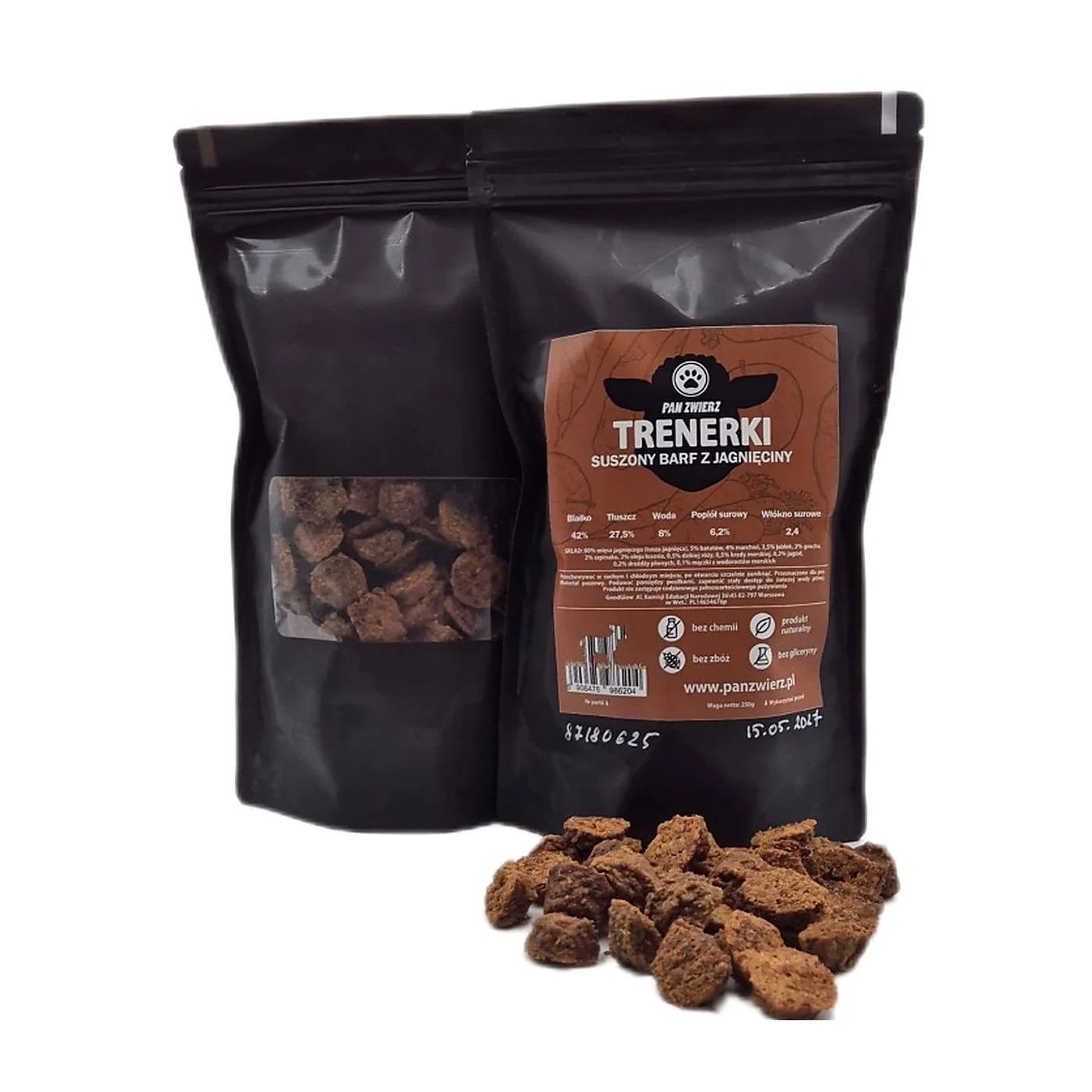 PAN ZWIERZ Trenerki -SUSZONY BARF Z JAGNIĘCINY 250g.