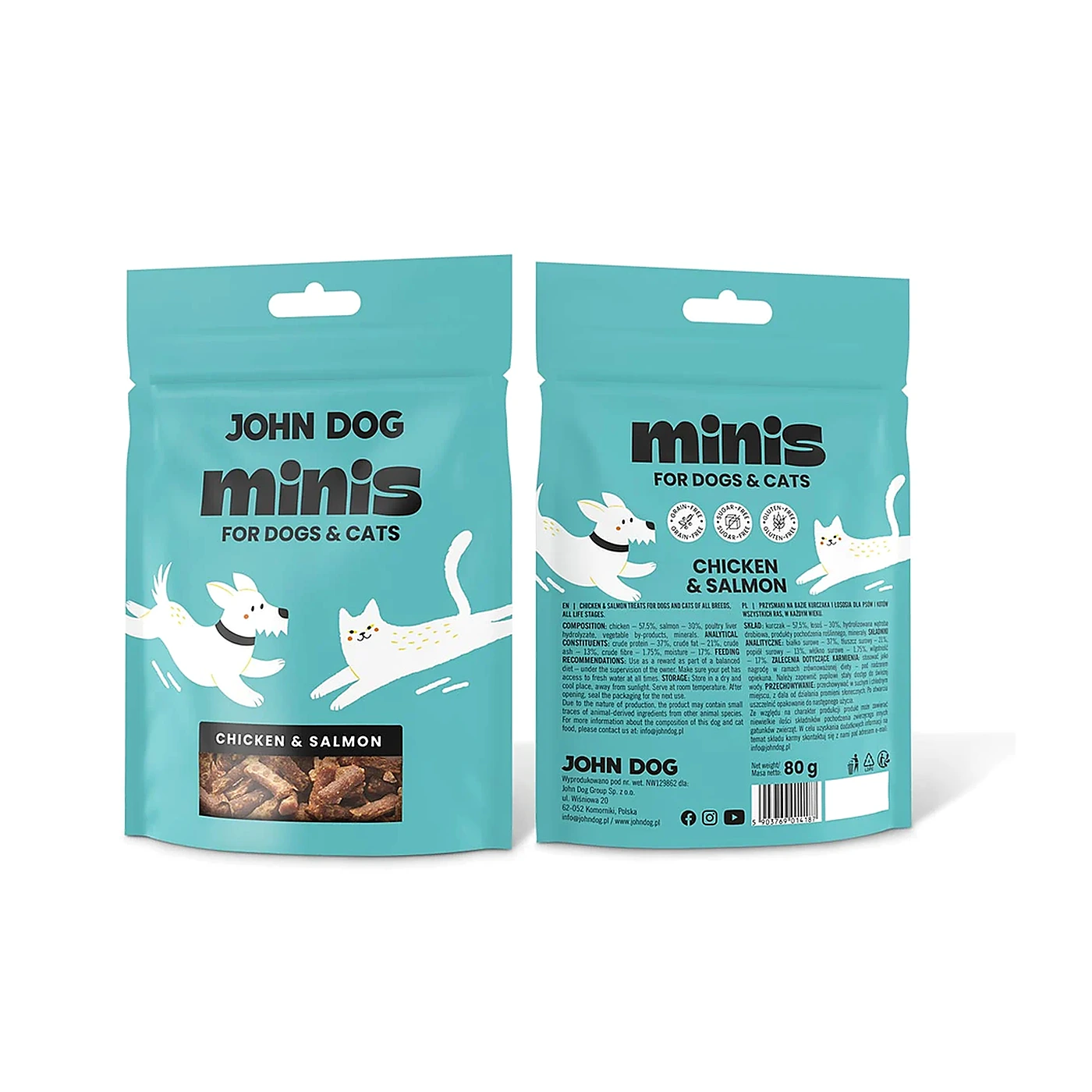 Przysmak dla psa i kota Kurczak i łosoś John Dog Minis 80g