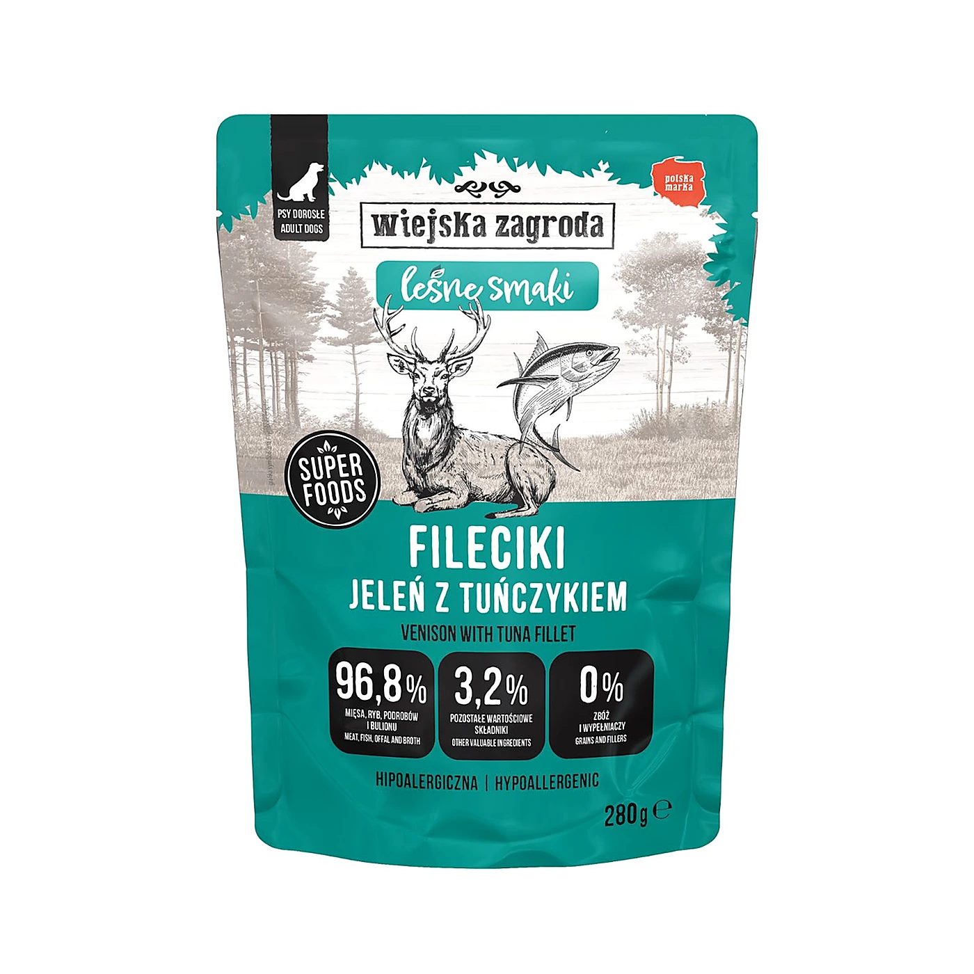 Wiejska Zagroda Karma mokra dla psa Fileciki Jeleń z tuńczykiem Leśne smaki (dorosły) 280g (6 sz/op)