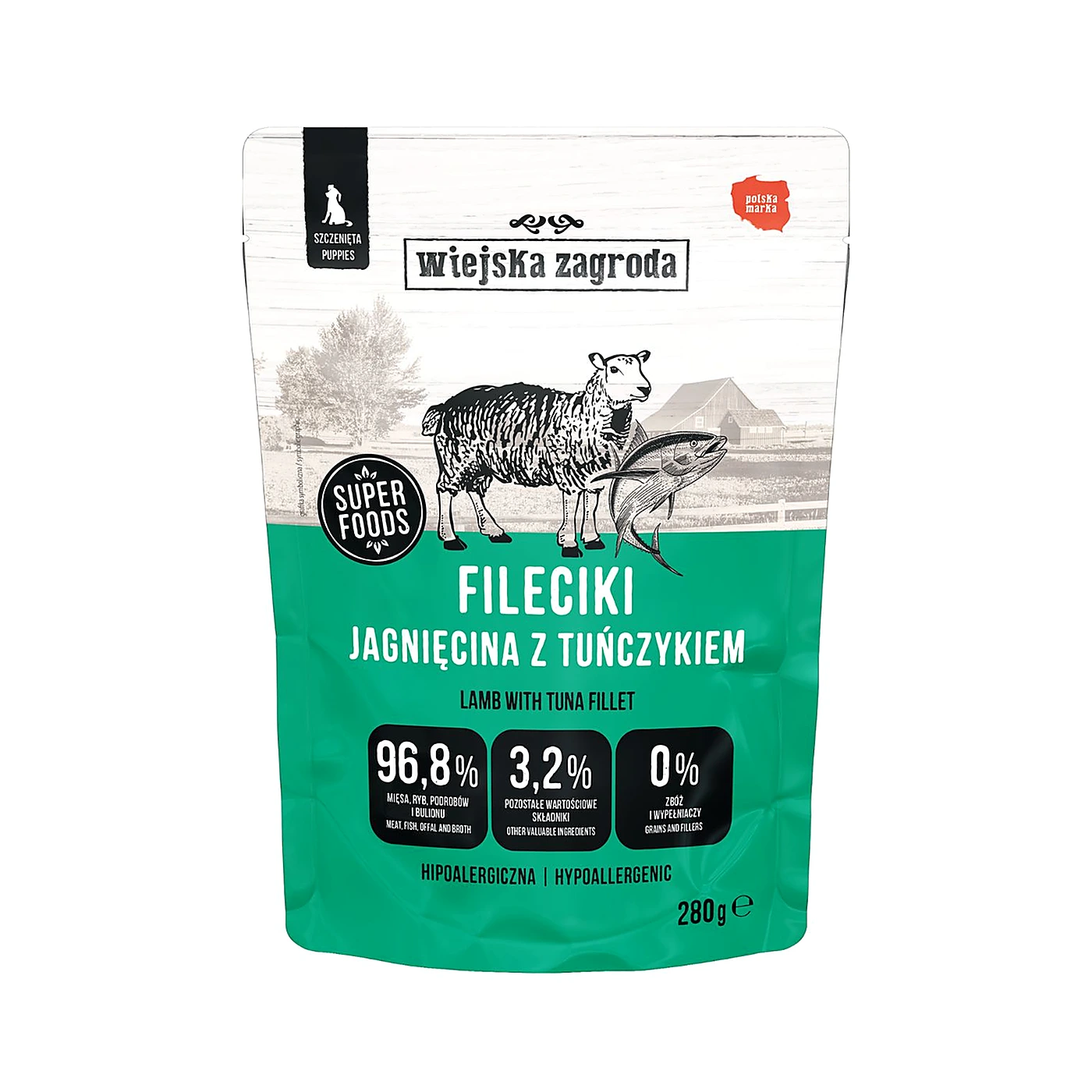 Wiejska Zagroda Karma mokra dla psa Fileciki Jagnięcina z tuńczykiem (szczeniak) 280g (6 sz/op)