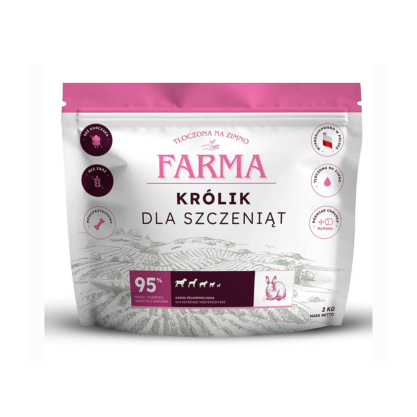Farma Szczeniak Królik Tłoczona Na Zimno 2kg NOWY SKŁAD 61% MIĘSA