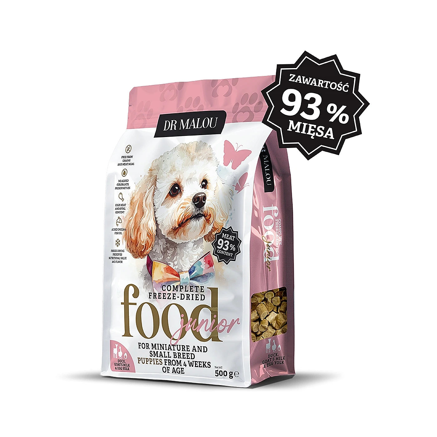 DR. MALOU Puppies-Kaczka z mlekiem kozim i żółtkiem 500 g -PIES-liofilizowana karma pełnoporcjowa