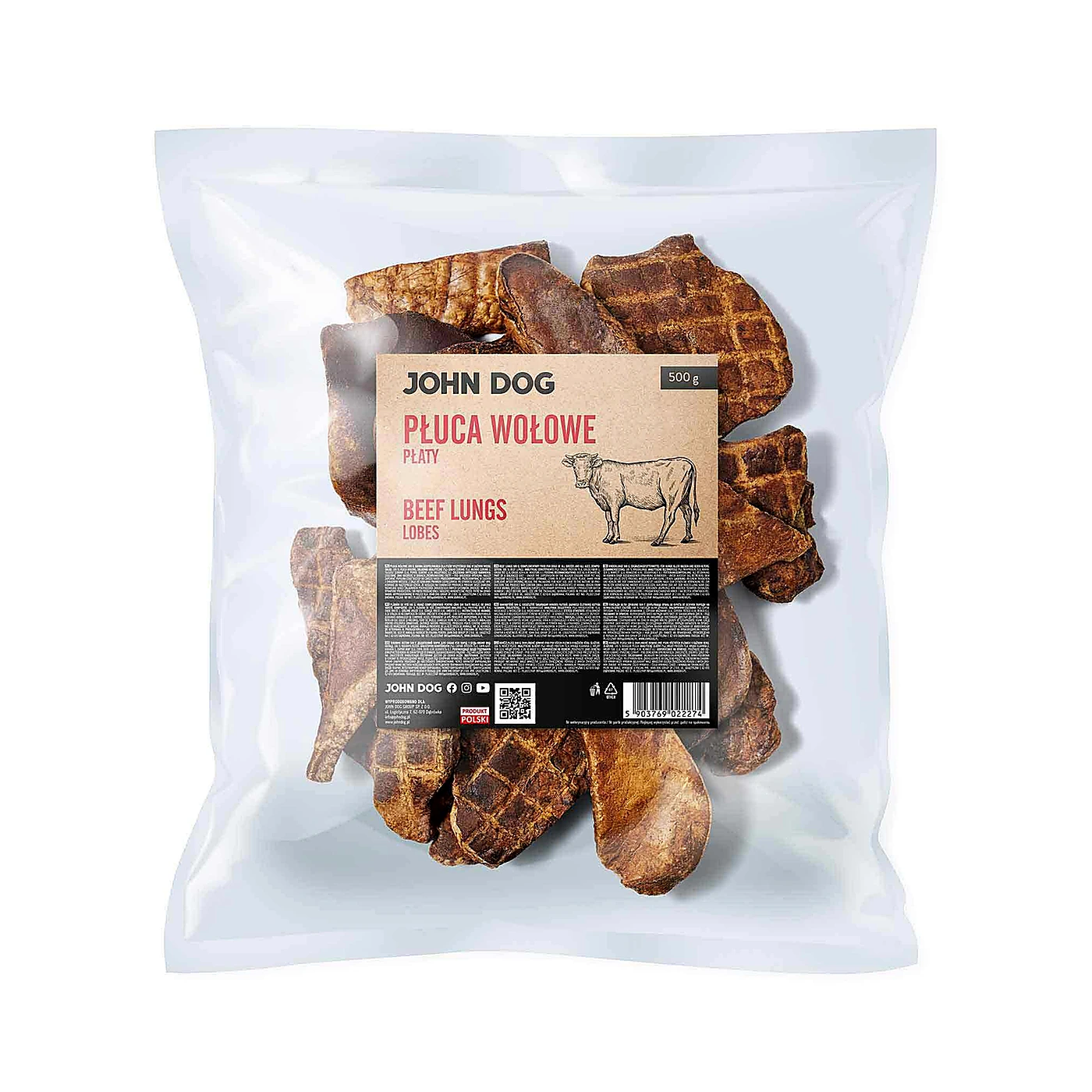 JOHN DOG Naturalny suszony gryzak dla psa Płuca wołowe płaty 500 g