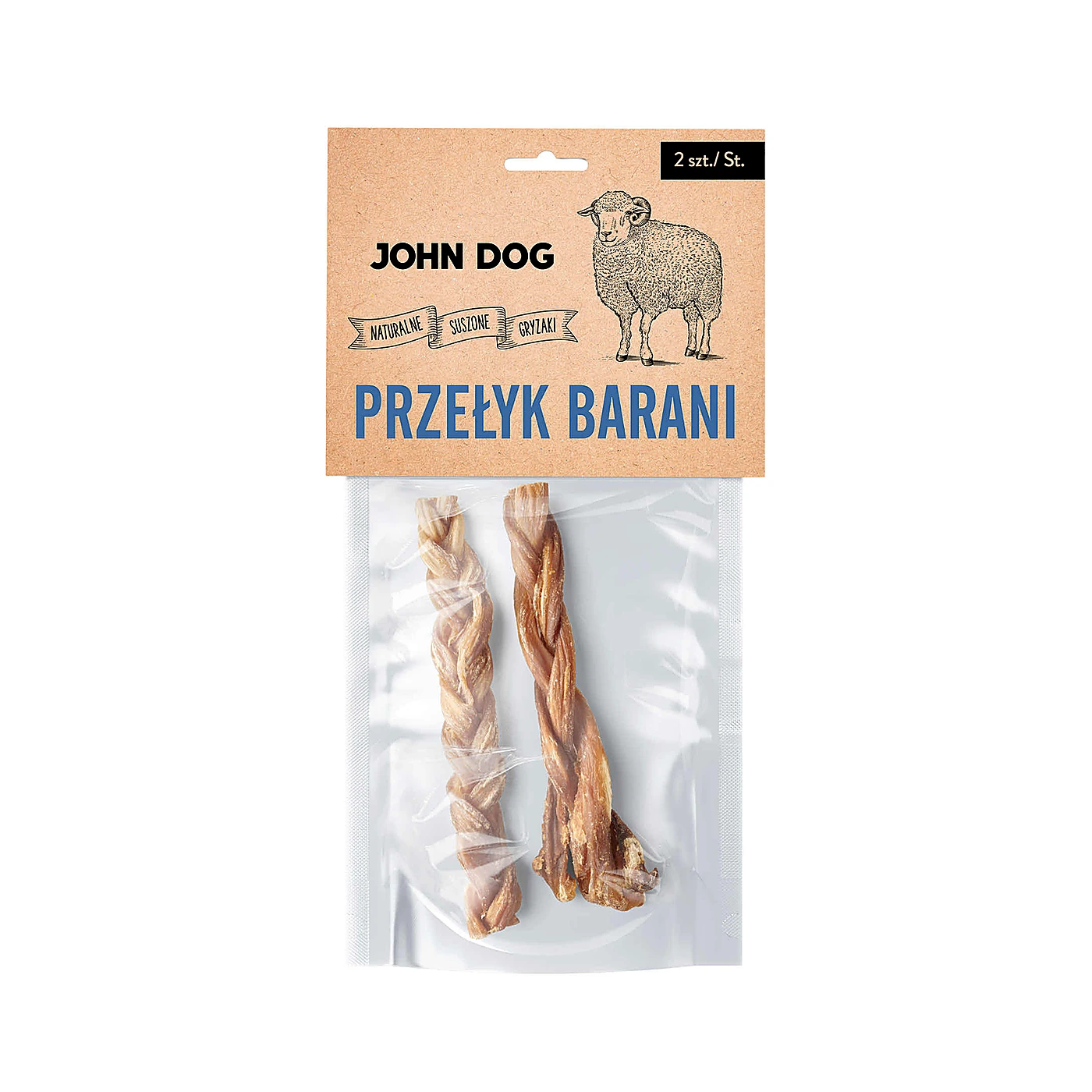 JOHN DOG Naturalny suszony gryzak dla psa przełyk barani pleciony 2 szt.