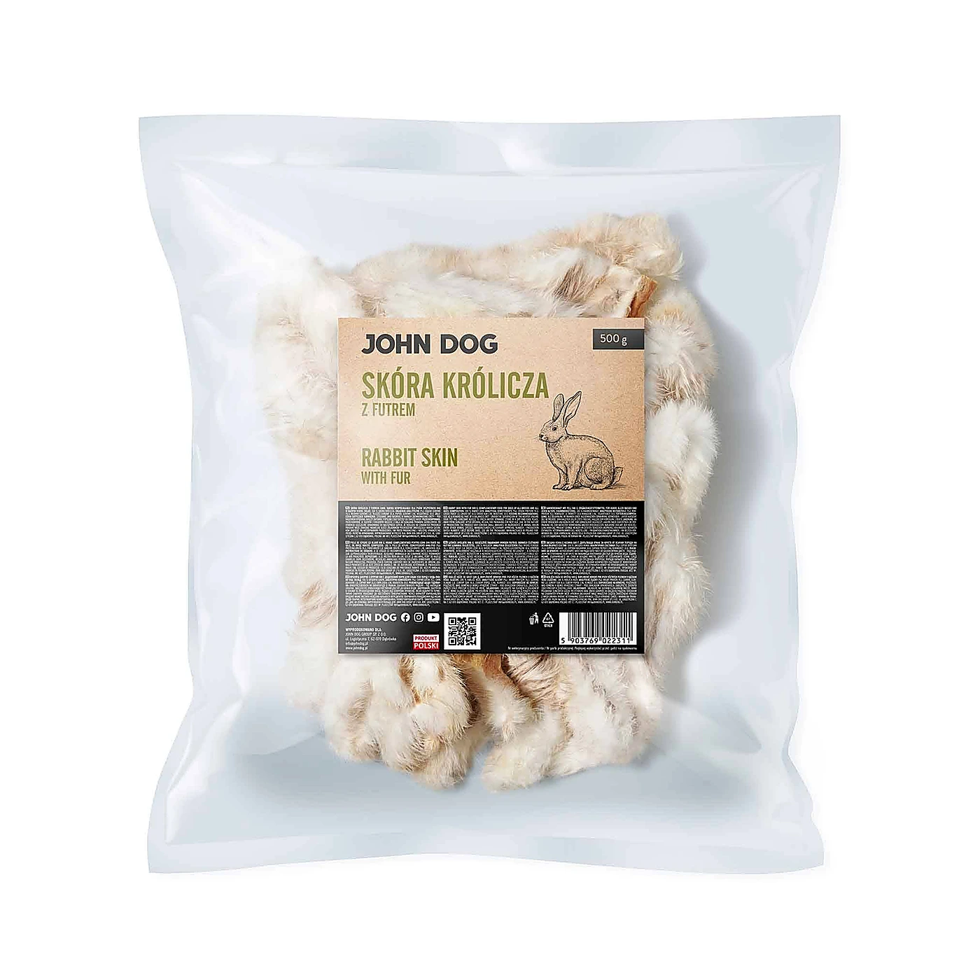 JOHN DOG Naturalny suszony gryzak dla psa skóra królicza z futrem 500G