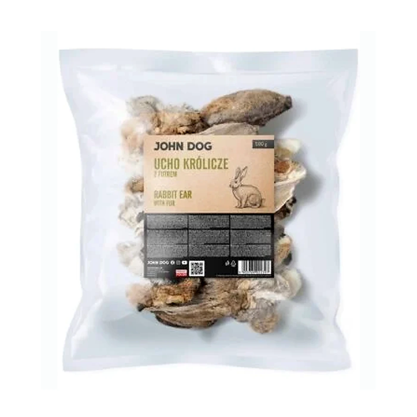 JOHN DOG Naturalny suszony gryzak dla psa Ucho królicze z futrem 500 g
