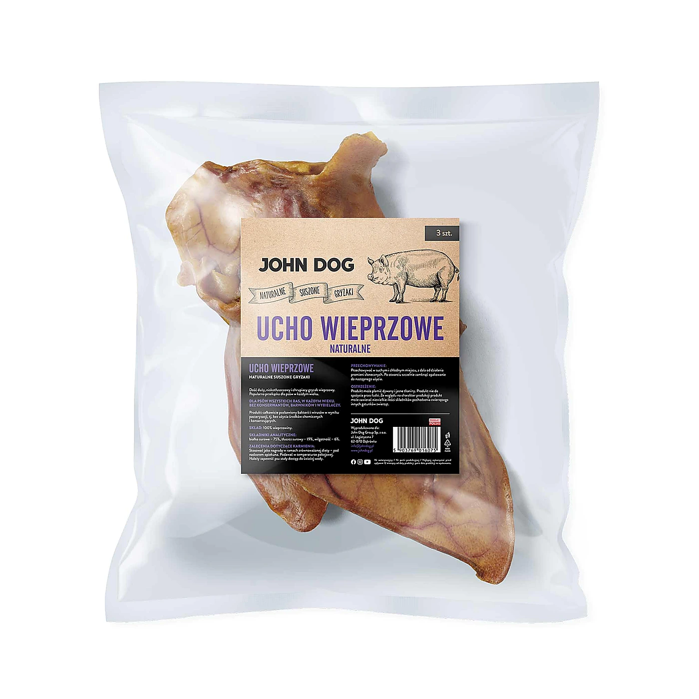 JOHN DOG Naturalny suszony gryzak dla psa Ucho wieprzowe 10 szt.