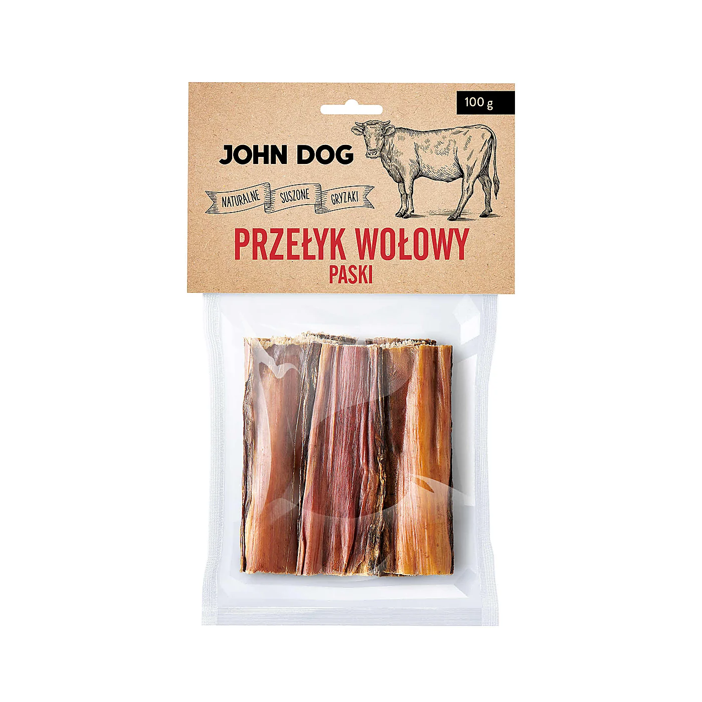 JOHN DOG Suszony gryzak dla psa. Naturalny przełyk wołowy paski 100 g