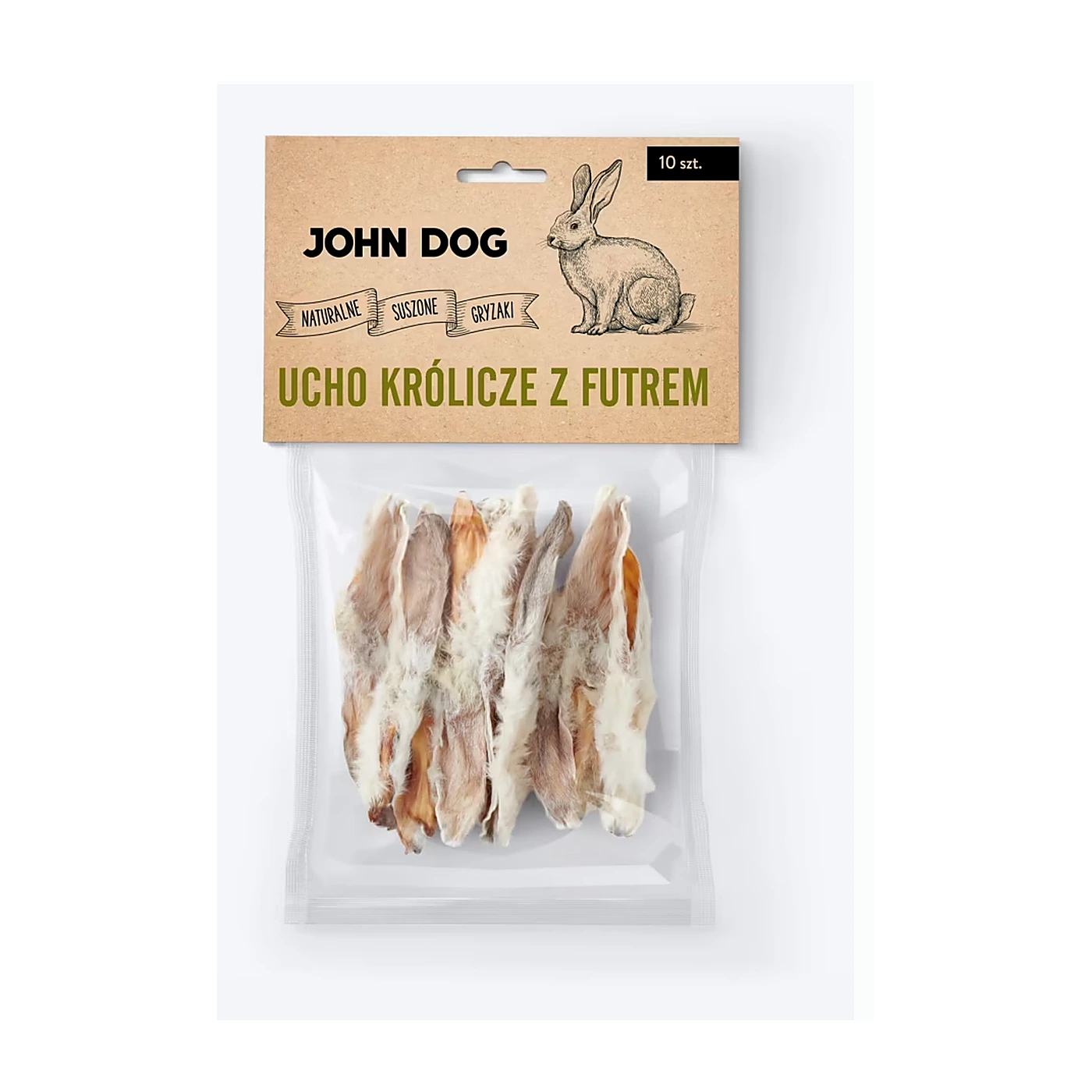 JOHN DOG Suszony gryzak dla psa. Ucho królicze z futrem 10 szt.