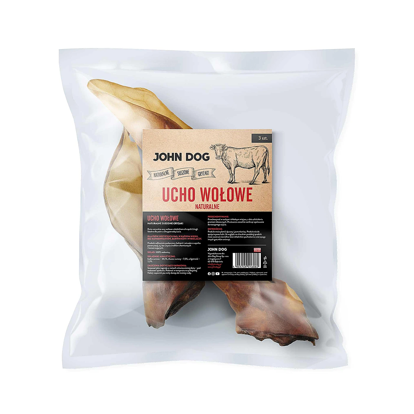 JOHN DOG Suszony gryzak dla psa. Ucho królicze z futrem 5 szt.