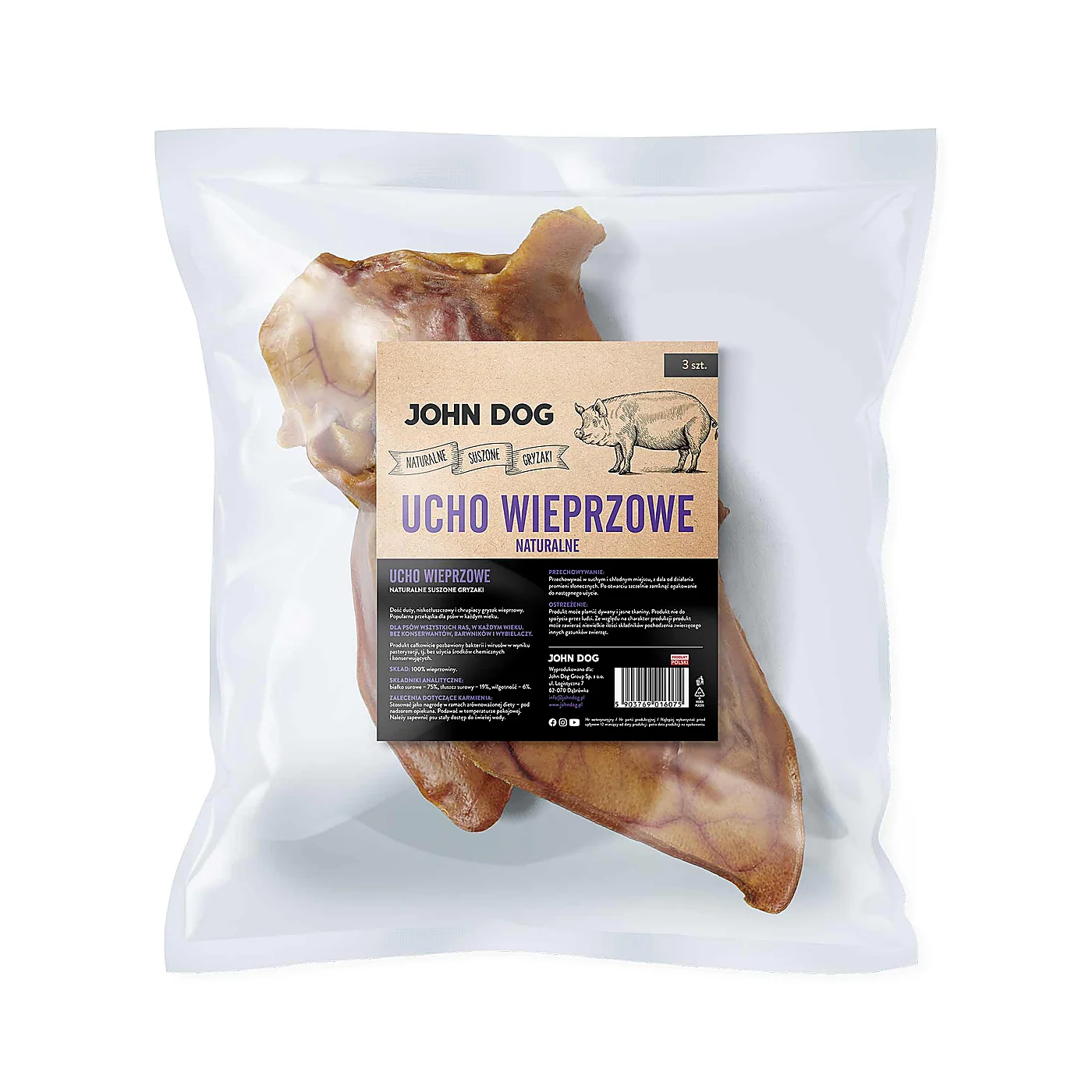 JOHN DOG Suszony gryzak dla psa. Ucho wieprzowe naturalne 3 szt.