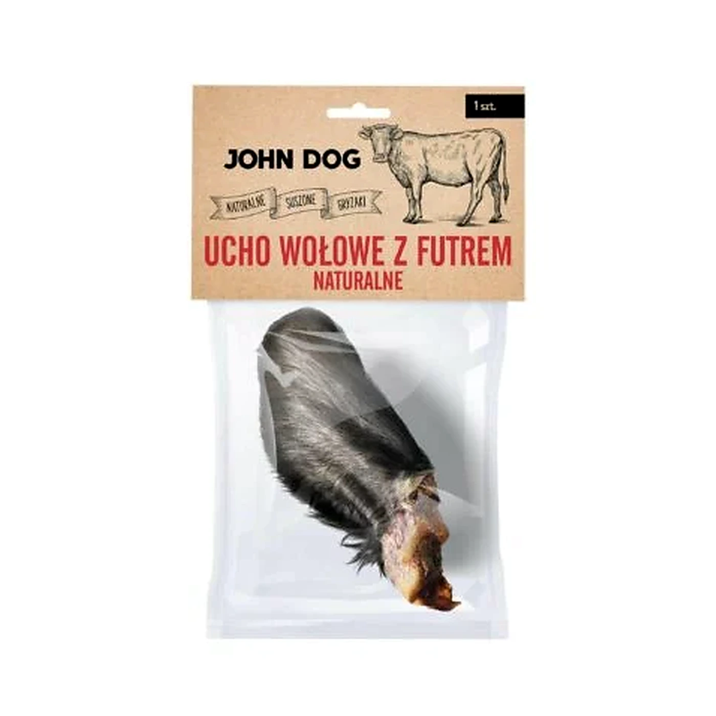 JOHN DOG Suszony gryzak dla psa. Ucho wołowe naturalne z futrem